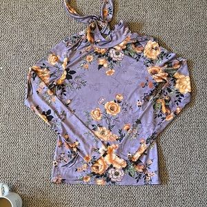 Zara mock neck Voilet Floral Long Sleeve Turtleneck With Ribbon